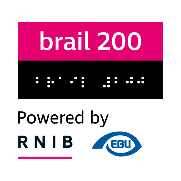 Logo brail 200 - logo oslavujúce 200. výročie vzniku Braillovho písma. Logo obsahuje text brail 200 v latinke na červenom pozadí a v brailových bunkách na čiernom pozadí. (powered by RNIB and EBU)
