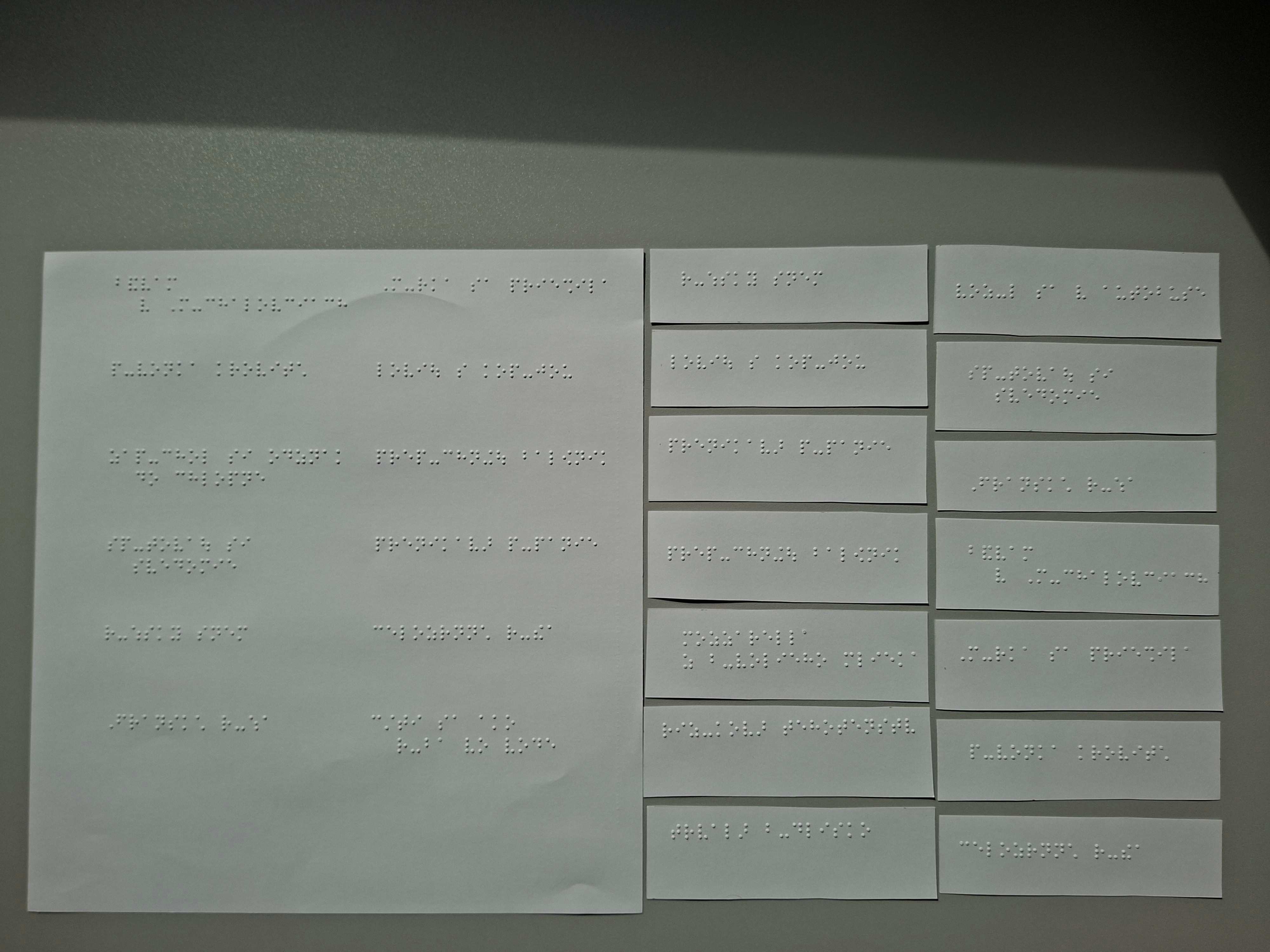 Väčší hárok papiera s brailovým textom a napravo od neho viac úzkych, vodorovných pásikov papiera, tiež s brailom.  Ľavá strana: jeden veľký list A4, na ňom v niekoľkých riadkoch krátke brailové vety alebo frázy rozložené po celej ploche.  Pravá strana: p