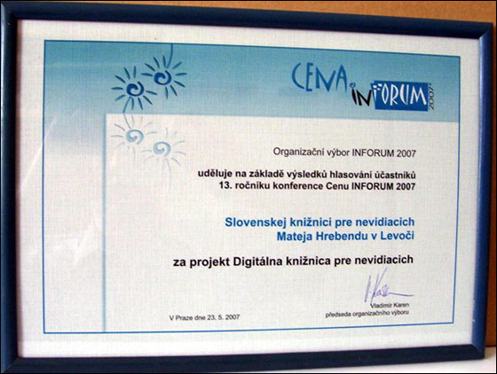 Hlavná cena Infora 2007 - diplom
