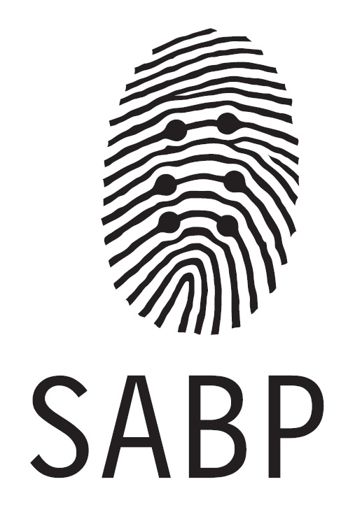 Logo of the Braille Authority of Slovakia picturing a fingerprint with papillary lines. Six dots are arising from the fingerprint representing one braille cell. The letters "SABP" Below the picture represent initials for the Braille Authority of Slovakia in Slovak language. 